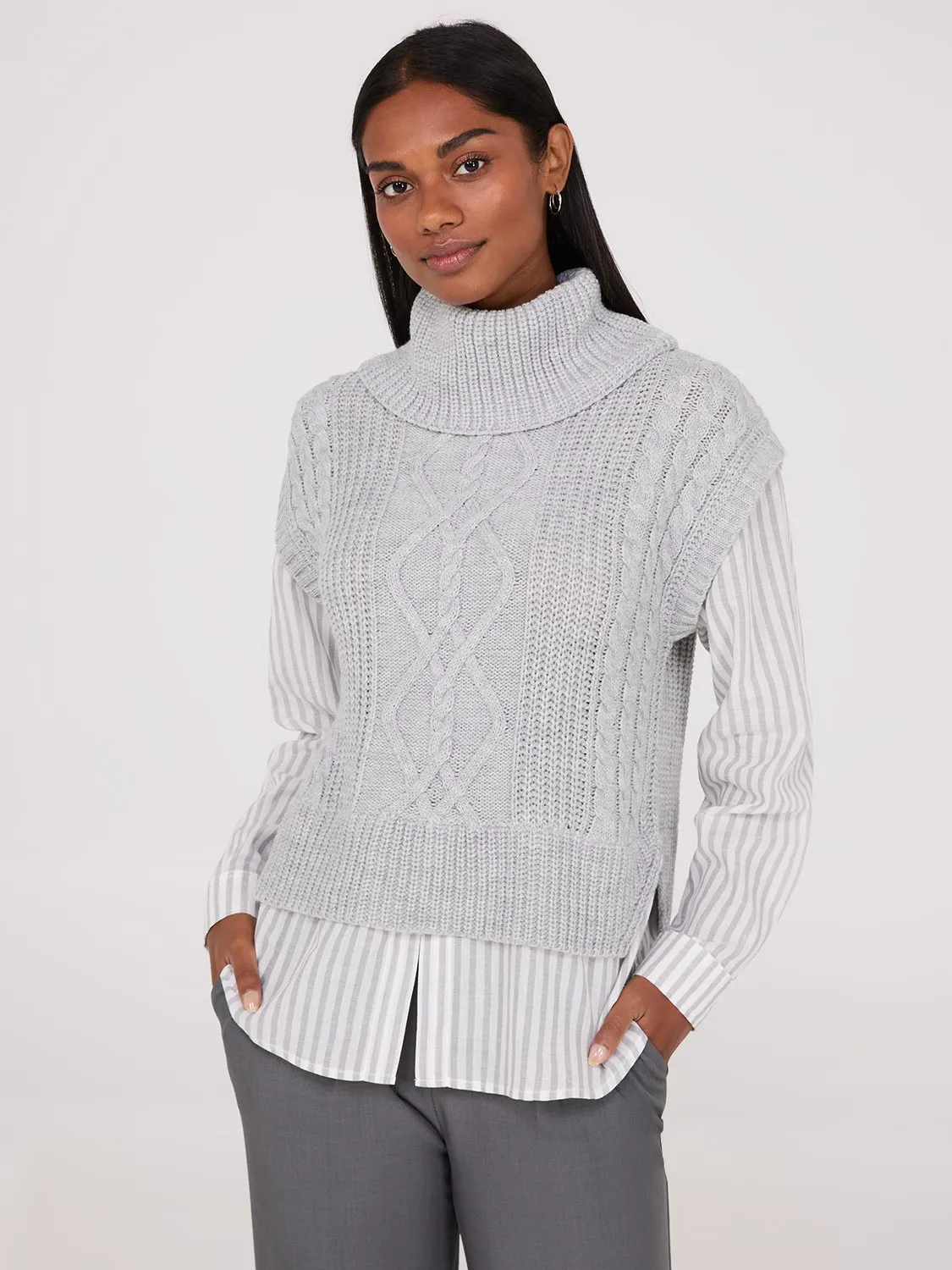 2-Fer Cable Knit Vest With Striped Blouse
