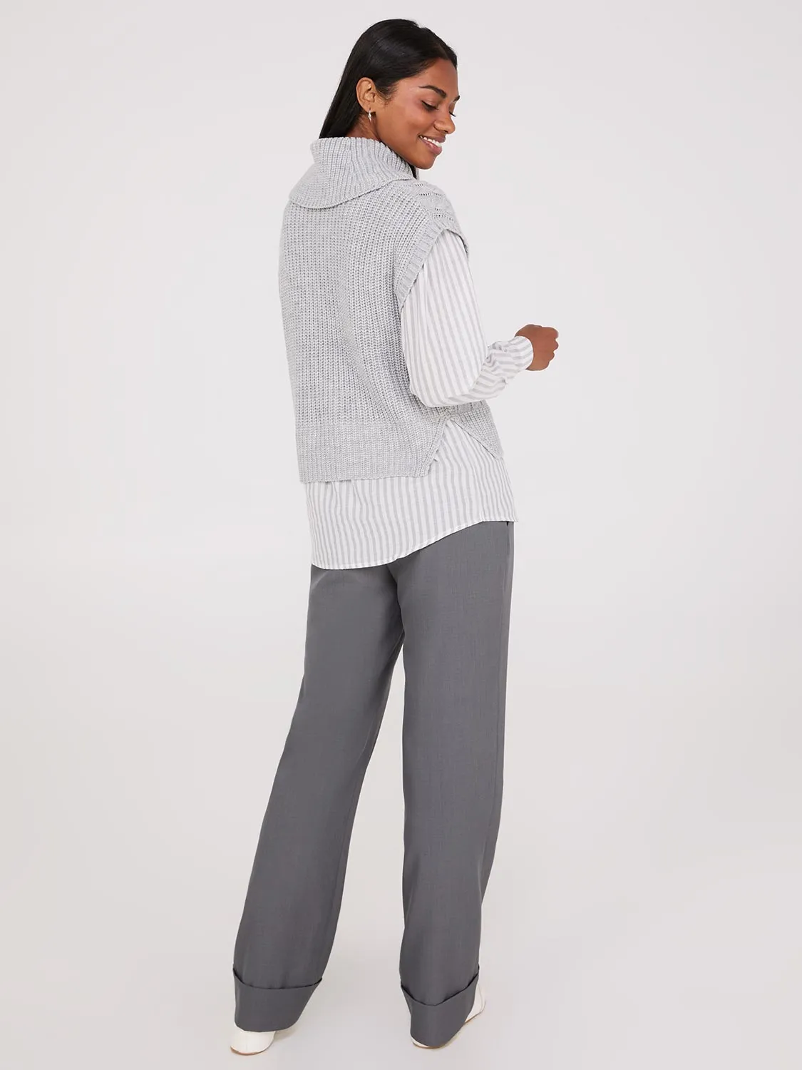 2-Fer Cable Knit Vest With Striped Blouse