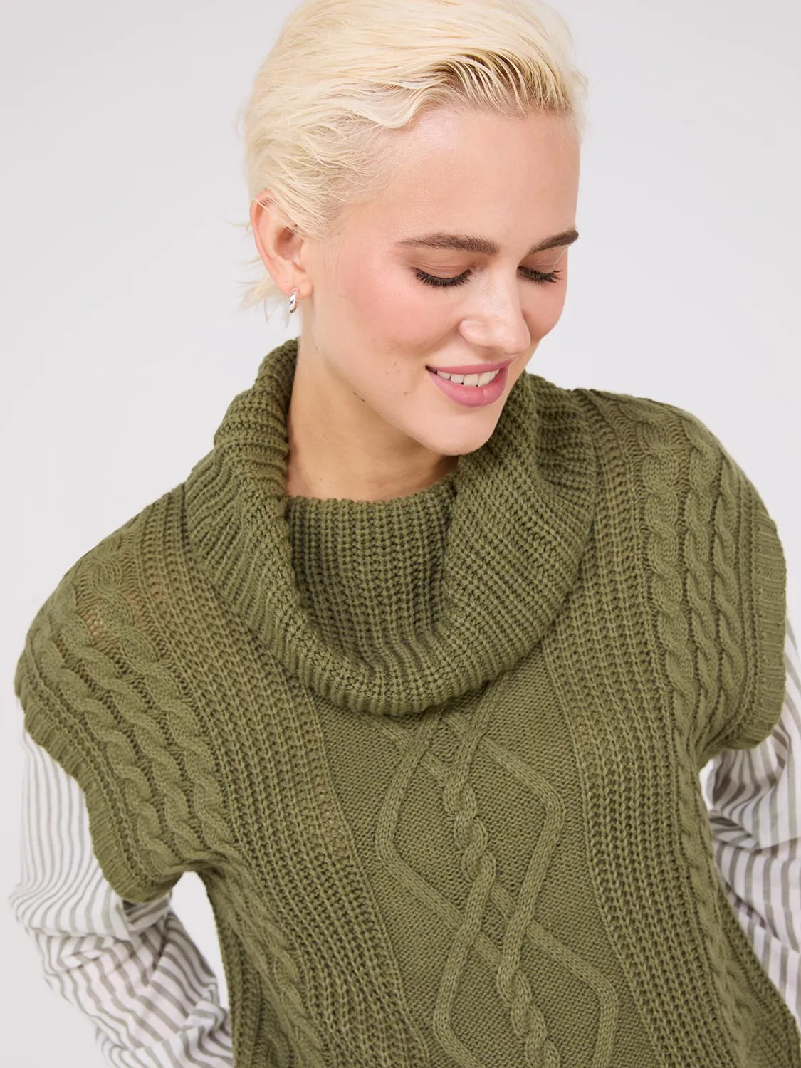2-Fer Cable Knit Vest With Striped Blouse