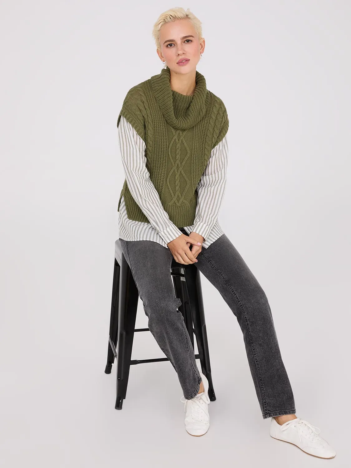 2-Fer Cable Knit Vest With Striped Blouse