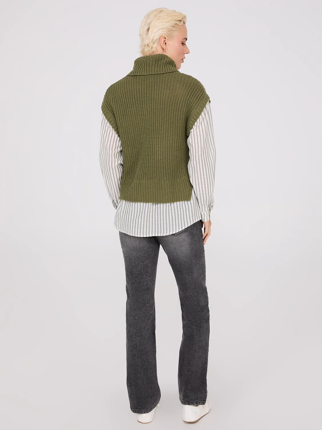 2-Fer Cable Knit Vest With Striped Blouse