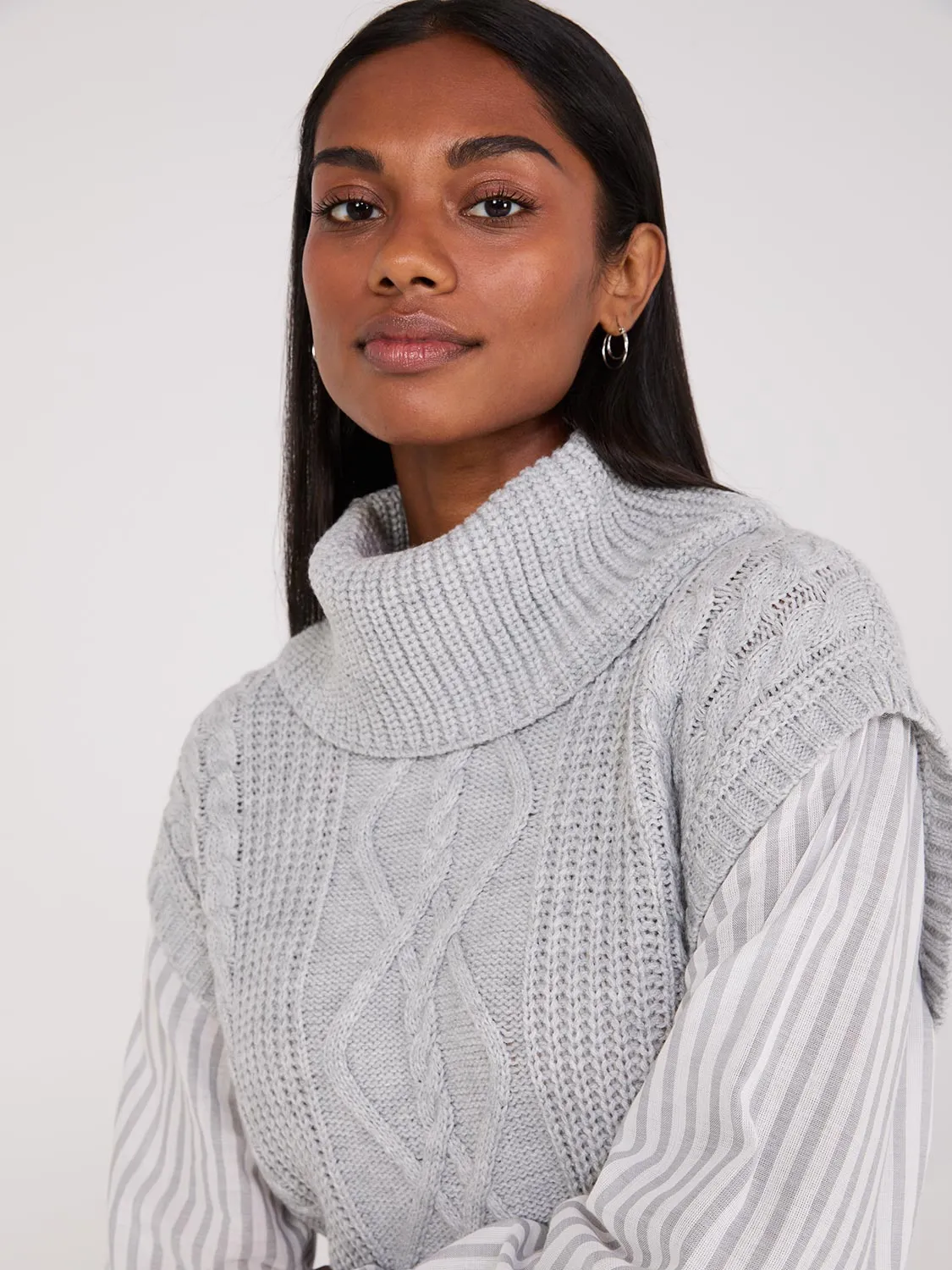 2-Fer Cable Knit Vest With Striped Blouse
