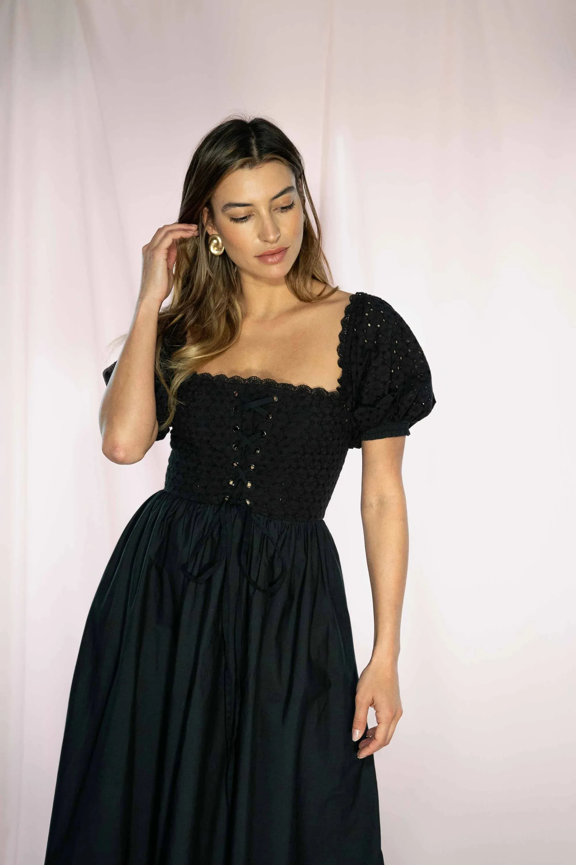 Black Eyelet River Midi Dress in Black by Timeless London