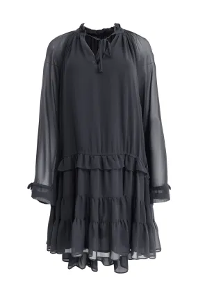 Black Ruffled Dress With Long Sleeve And Keyhole