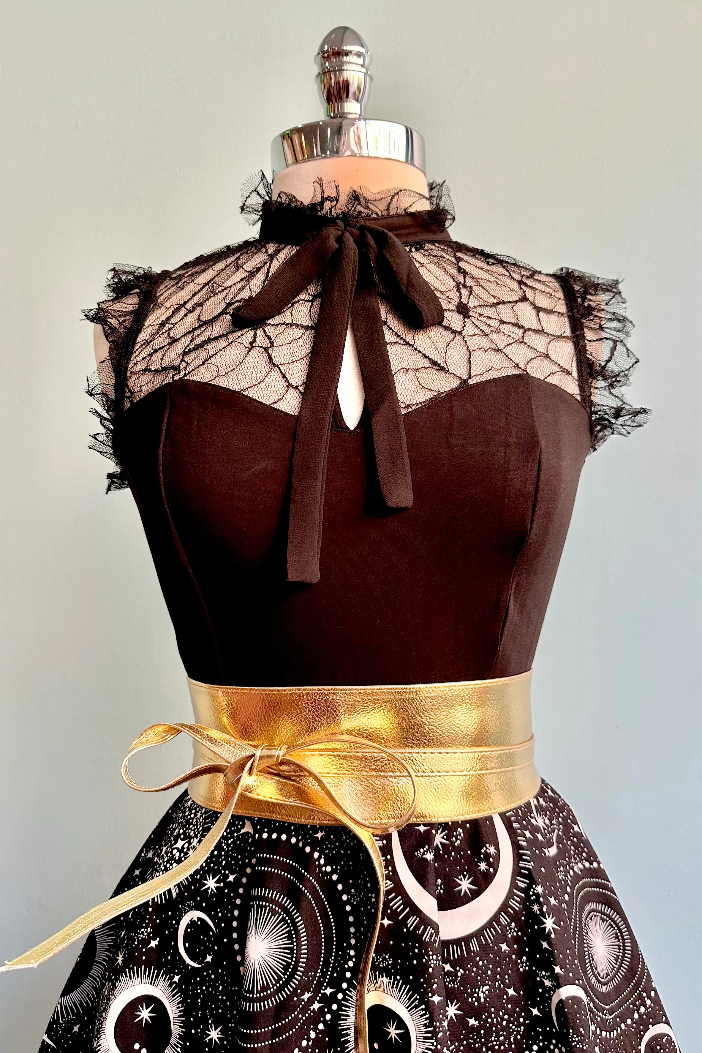 Black Web Lace Tie Neck Top by Voodoo Vixen