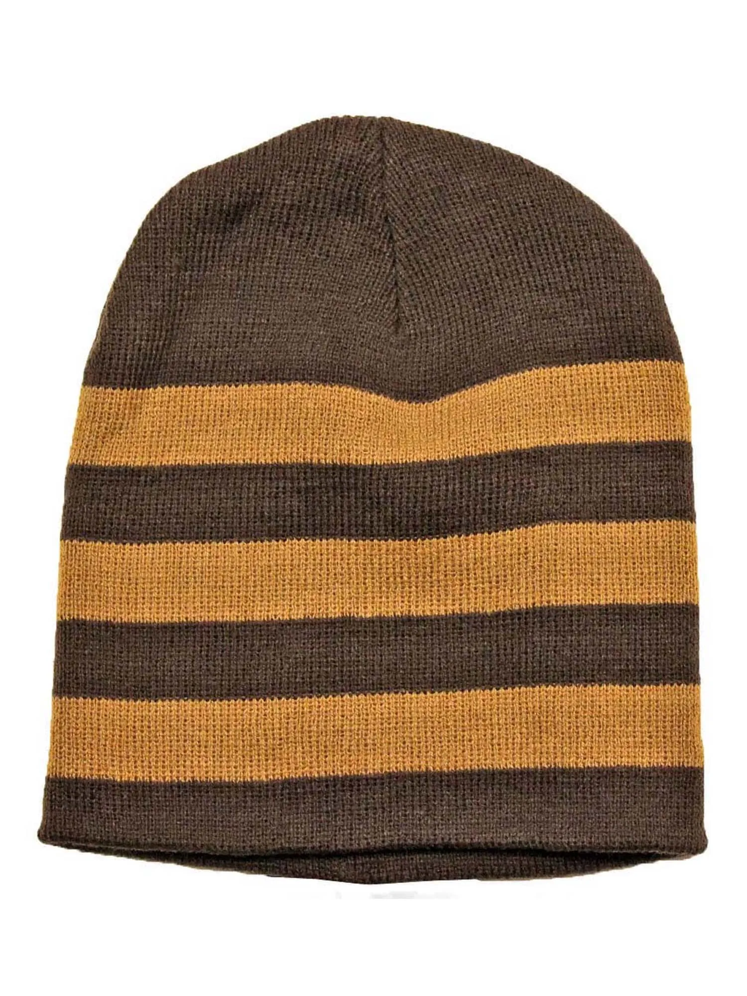 Brown & Tan Tight Fitting Striped Knit Beanie Cap