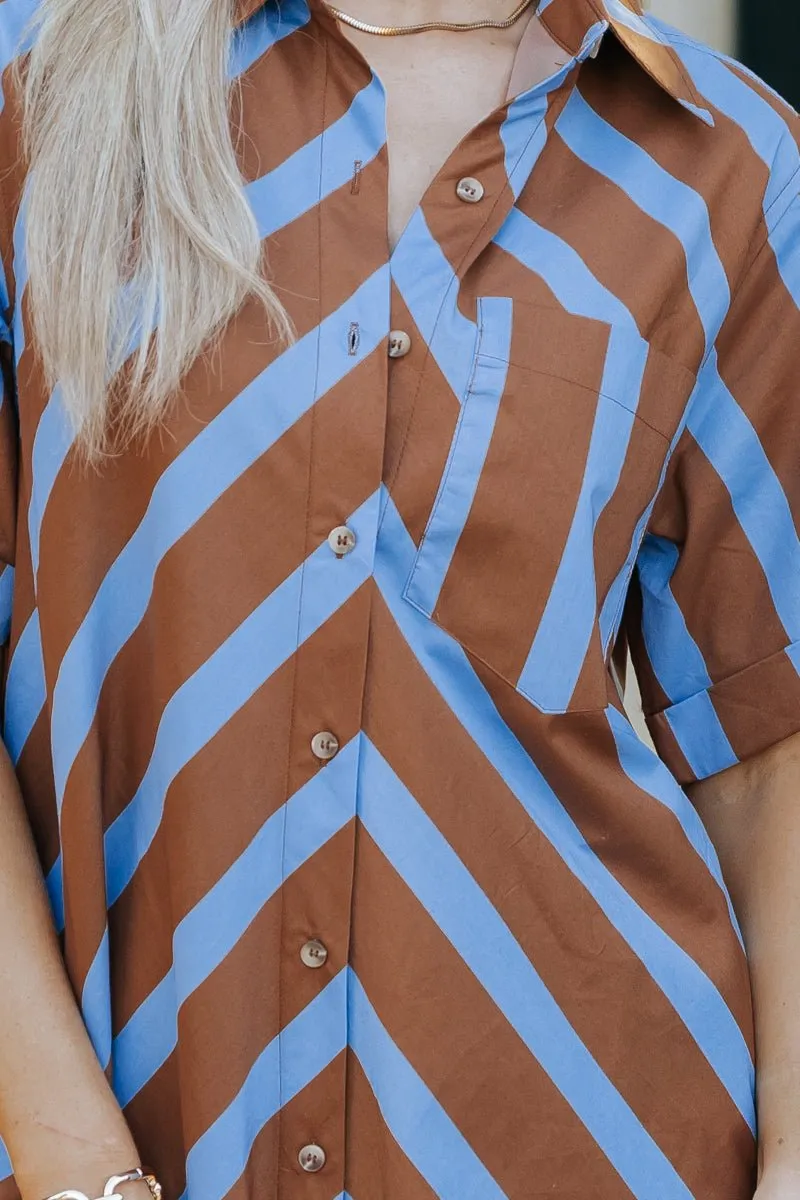 Brown and Blue Striped Mini Dress