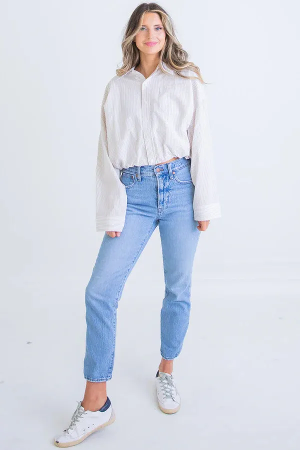 Classy Seersucker Tan Striped Top