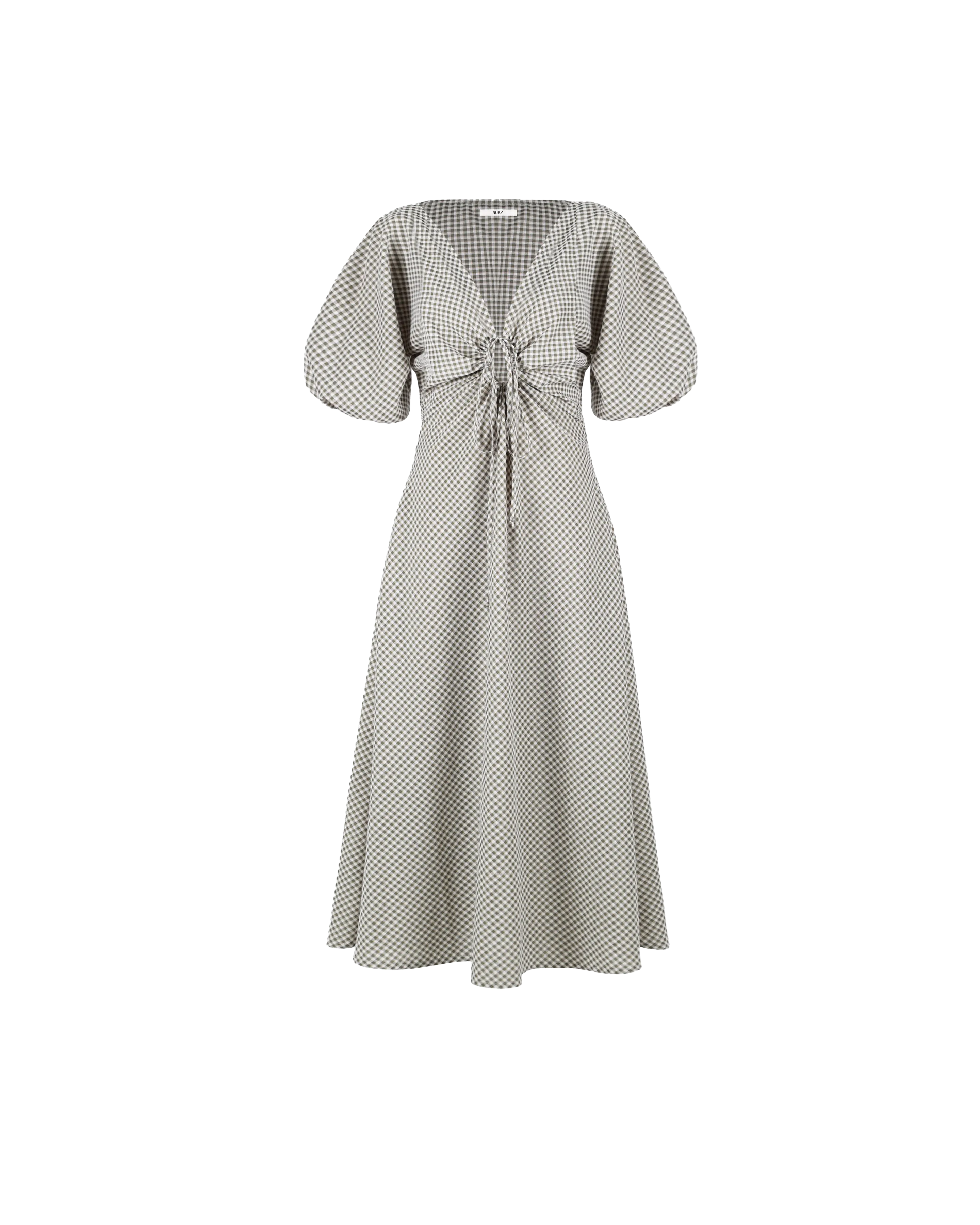 DONOVAN TIE DRESS OLIVE GINGHAM