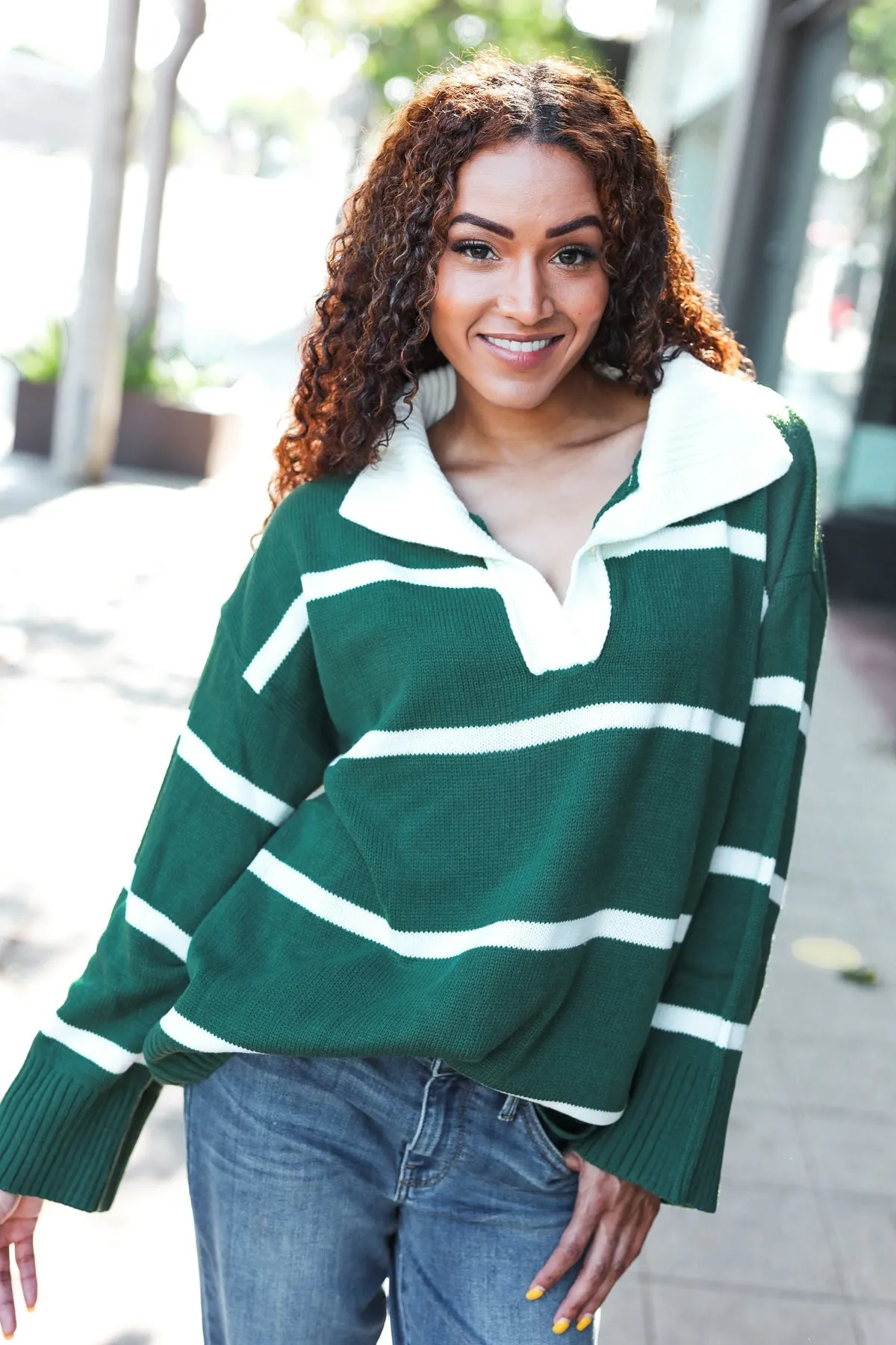 Fall For You Hunter Green Stripe Notched Neck Collared Oversized Sweater (Open Pack)