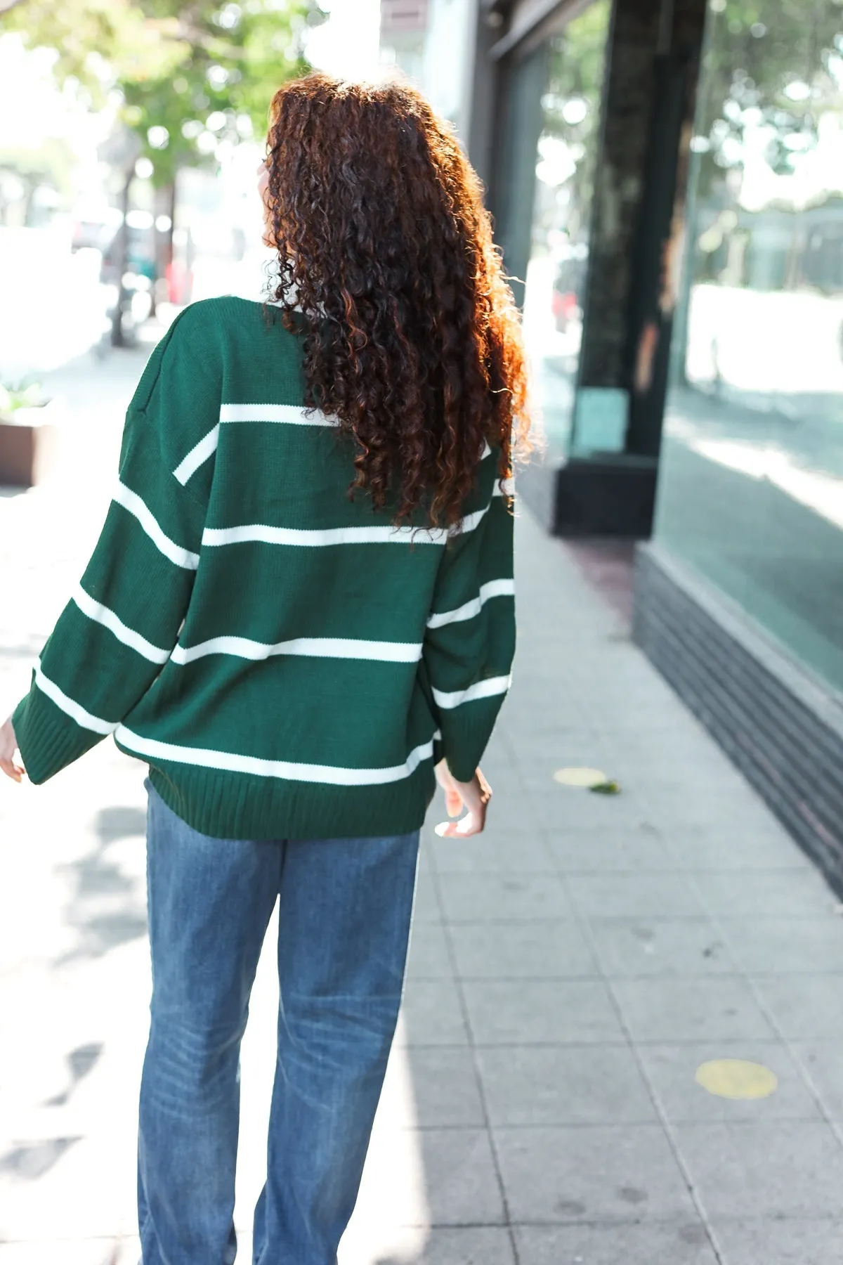 Fall For You Hunter Green Stripe Notched Neck Collared Oversized Sweater (Open Pack)