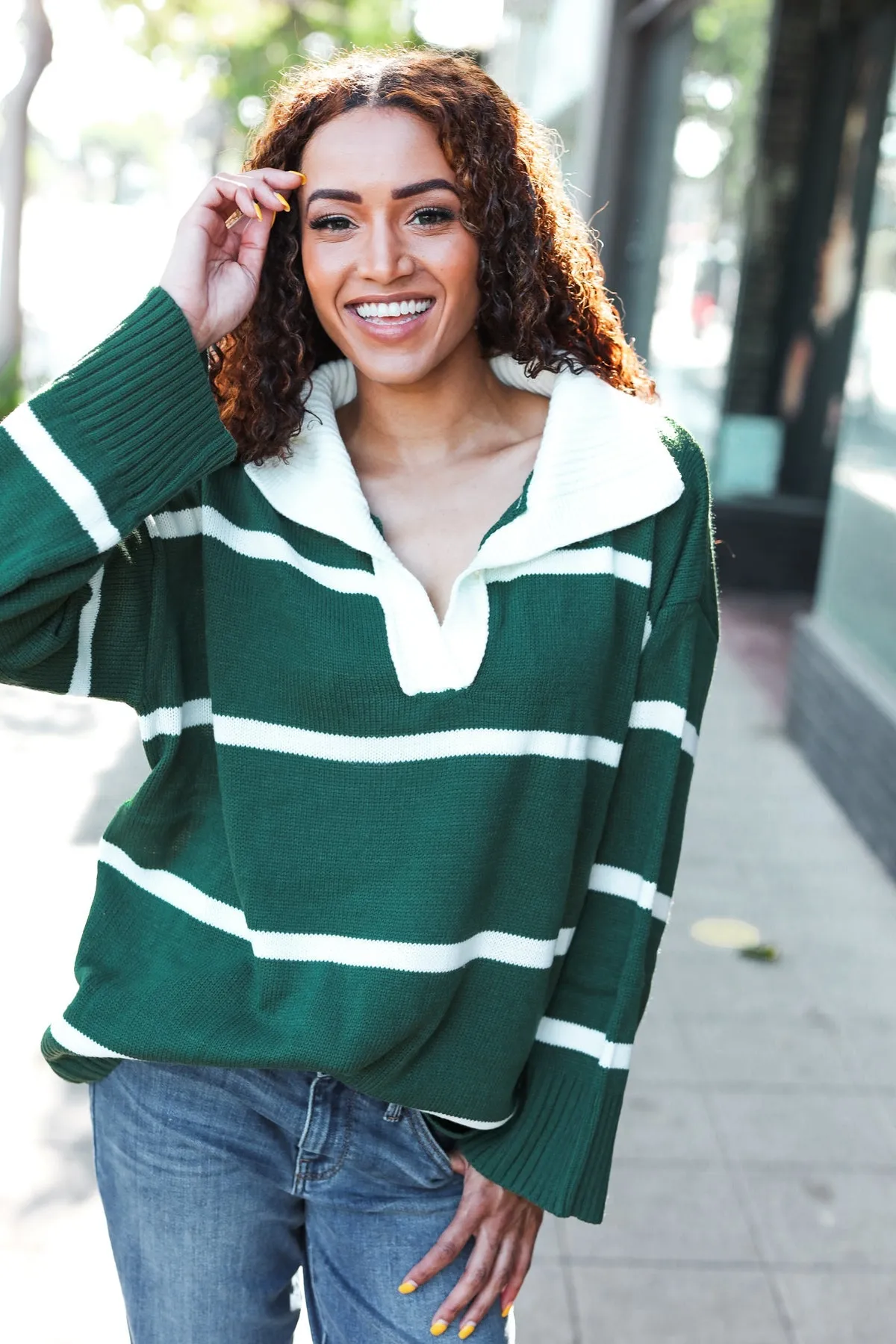 Fall For You Hunter Green Stripe Notched Neck Collared Oversized Sweater (Open Pack)