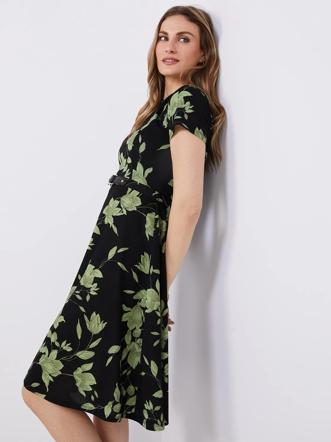 Floral Print Front Keyhole Fit & Flare Midi Dress