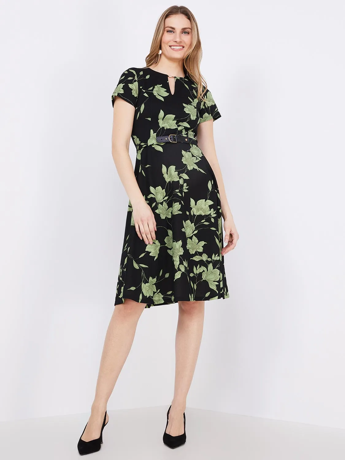 Floral Print Front Keyhole Fit & Flare Midi Dress