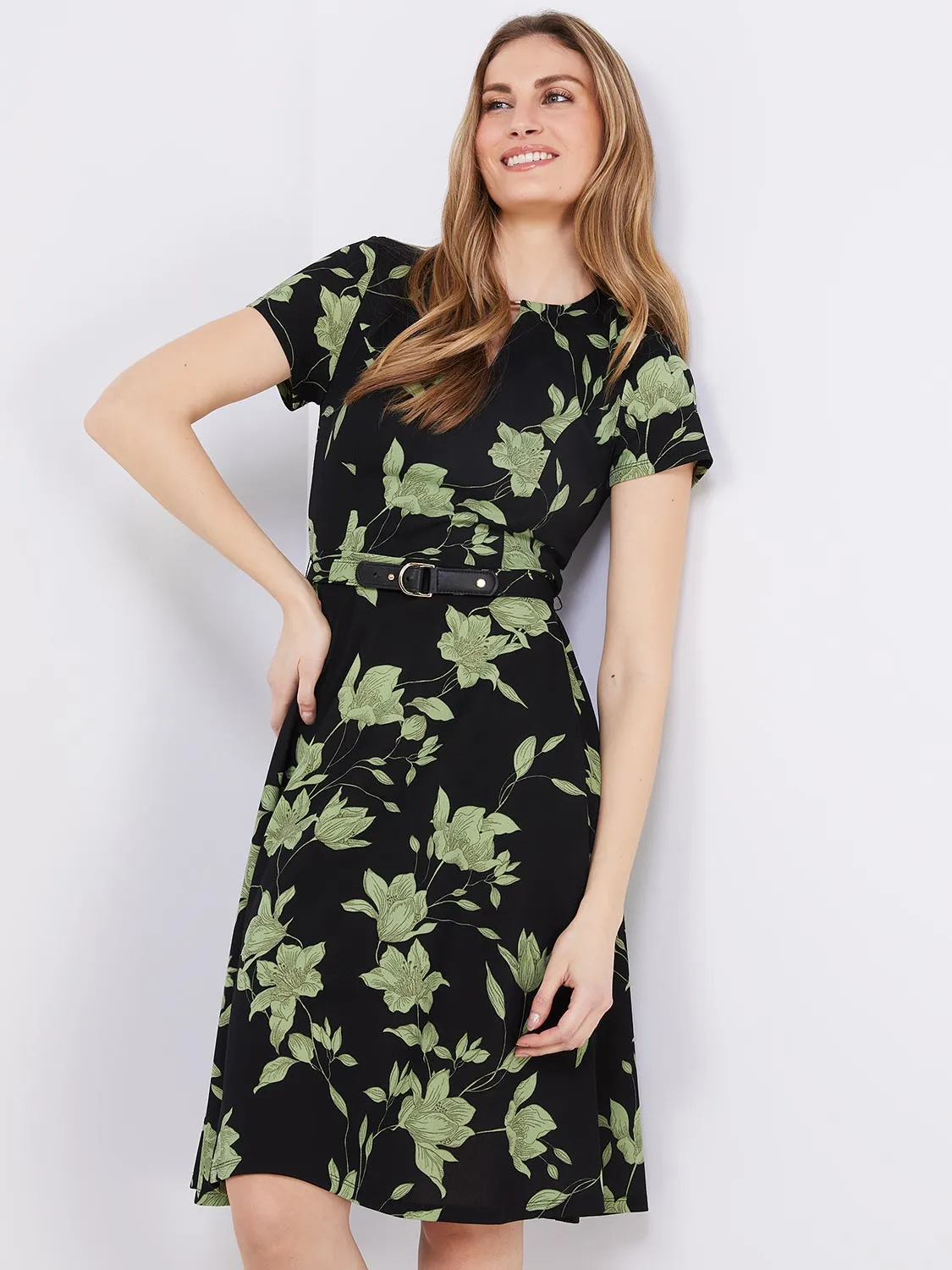 Floral Print Front Keyhole Fit & Flare Midi Dress