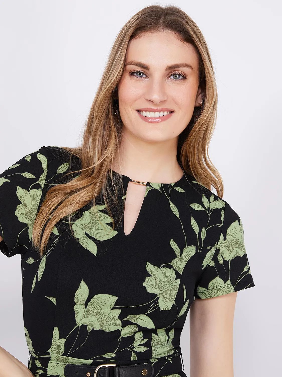 Floral Print Front Keyhole Fit & Flare Midi Dress