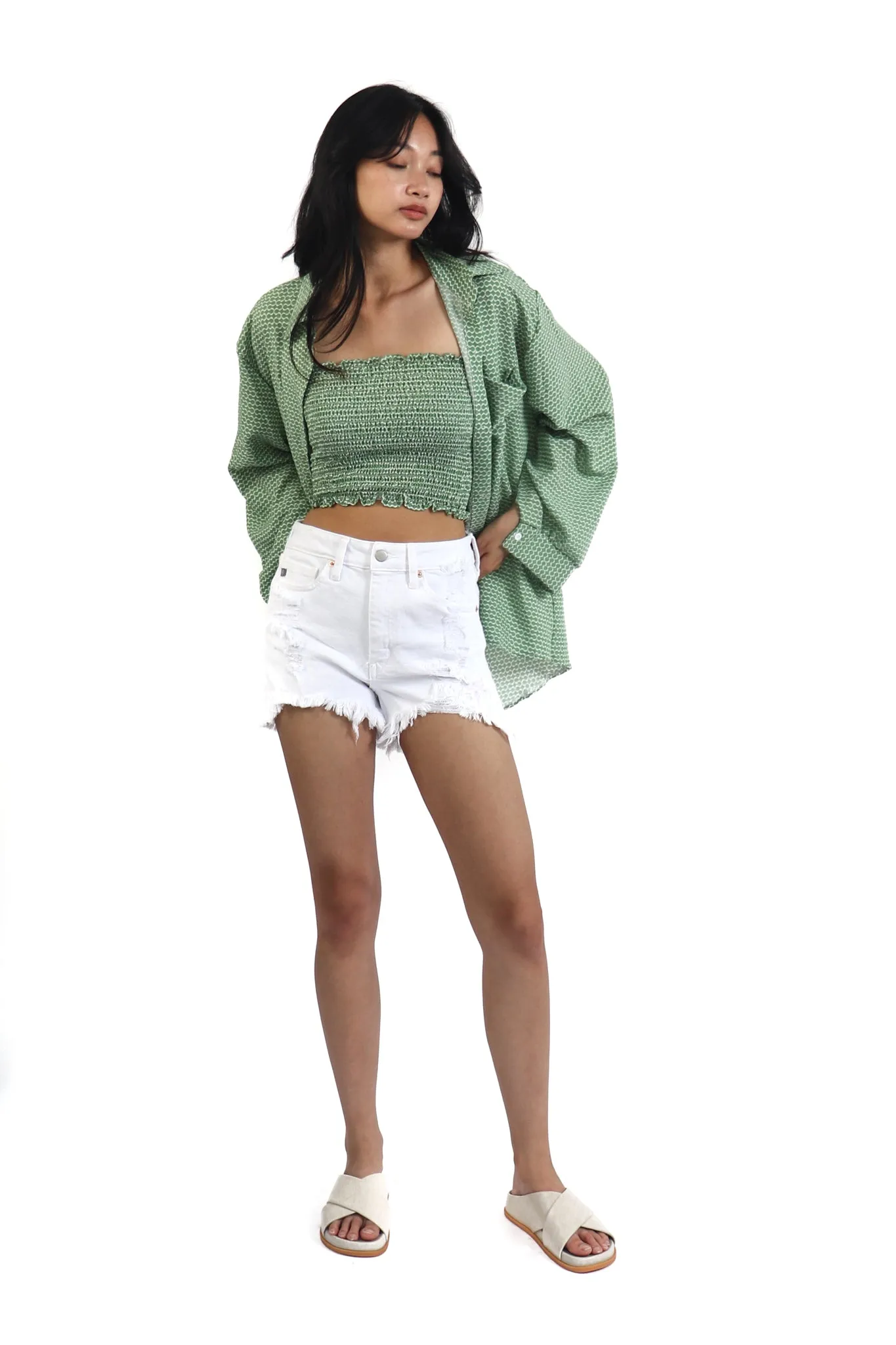 High-Rise Destroyed Hem Denim Shorts