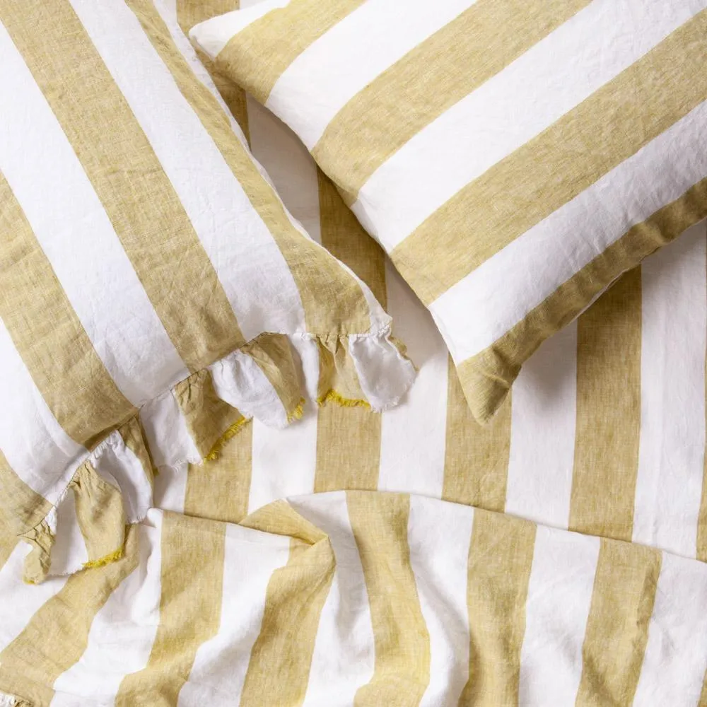 Kelp Stripe 100% Linen Ruffle Flat Sheet