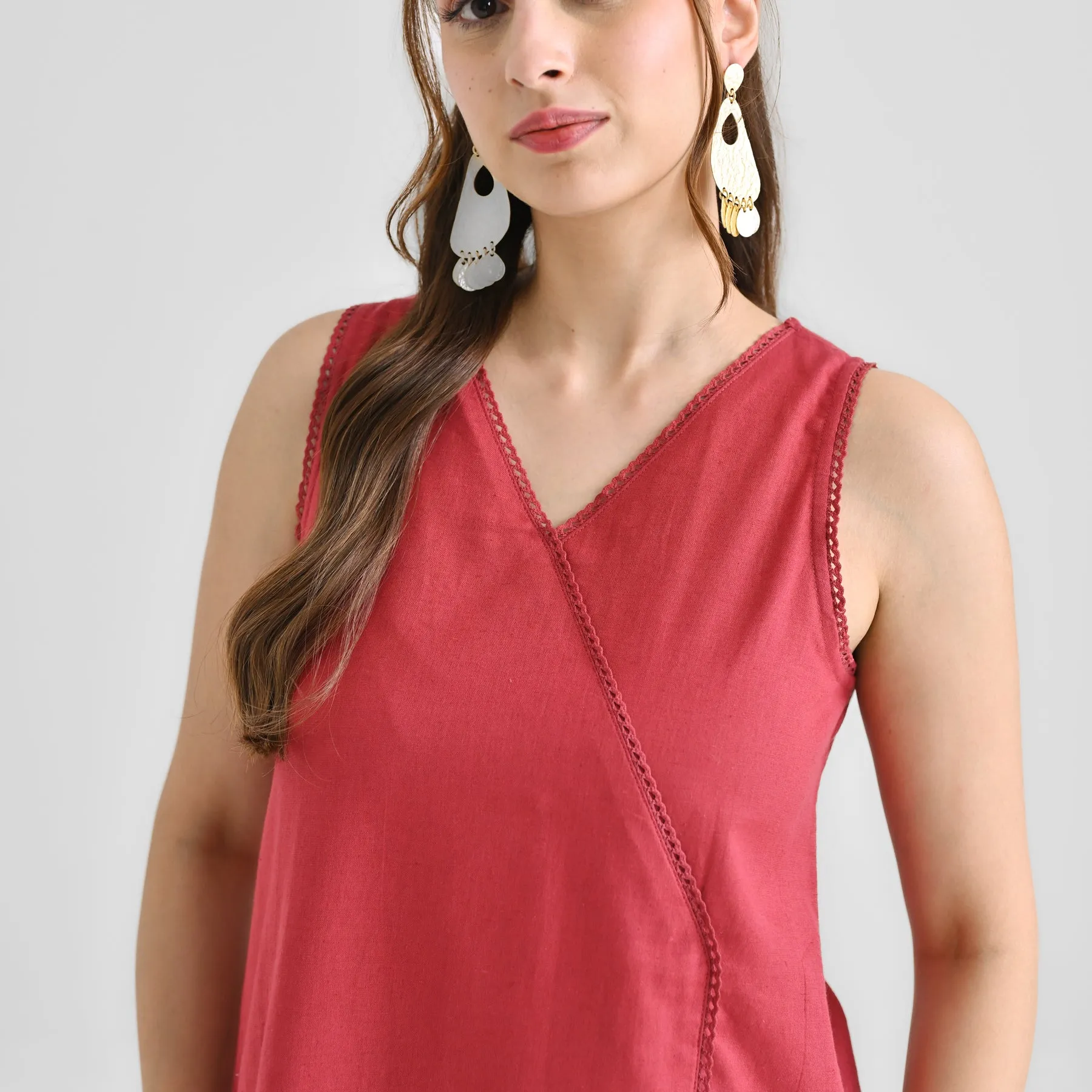 Maroon Linen Cotton Sleeveless Tunic with Lace Detail