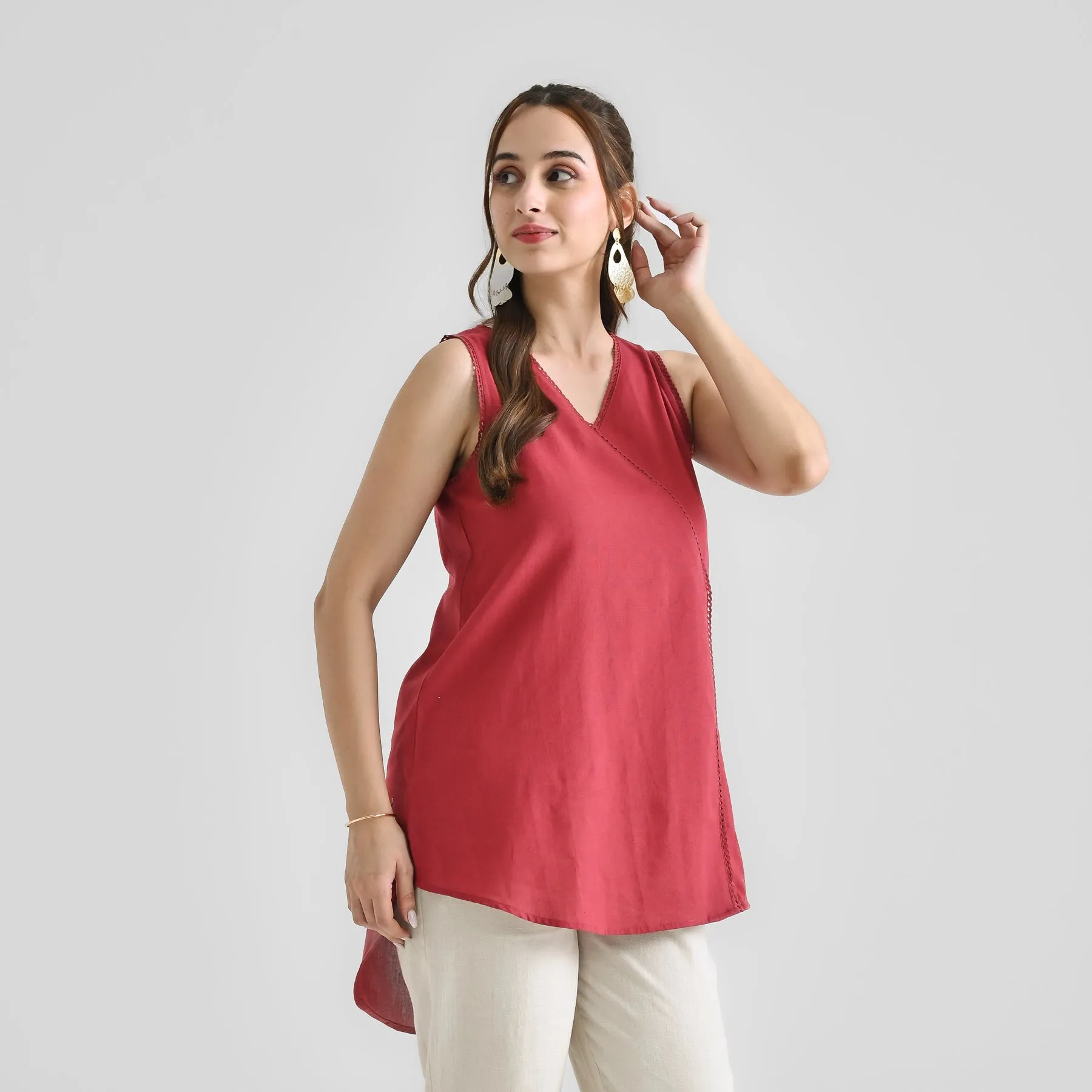 Maroon Linen Cotton Sleeveless Tunic with Lace Detail