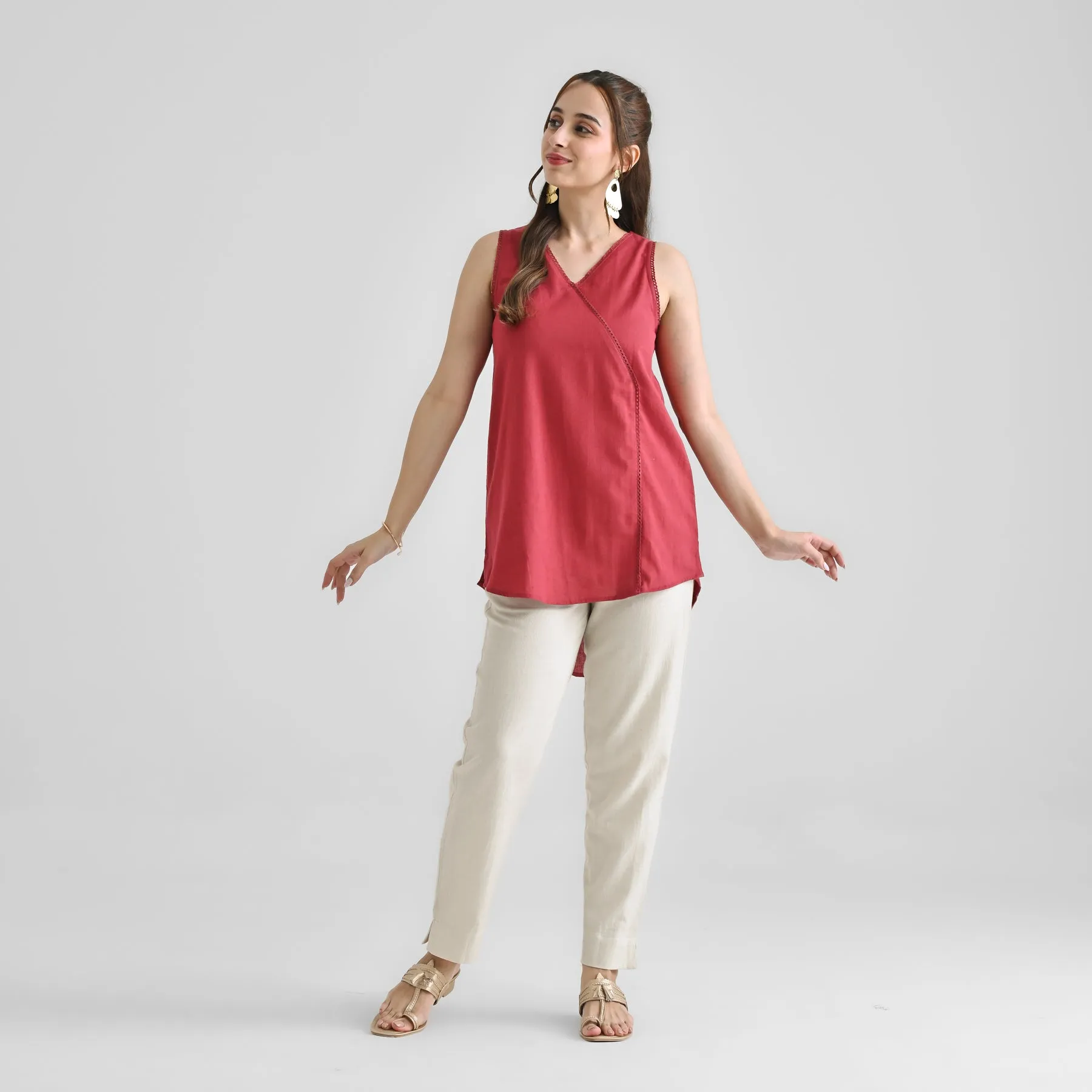 Maroon Linen Cotton Sleeveless Tunic with Lace Detail