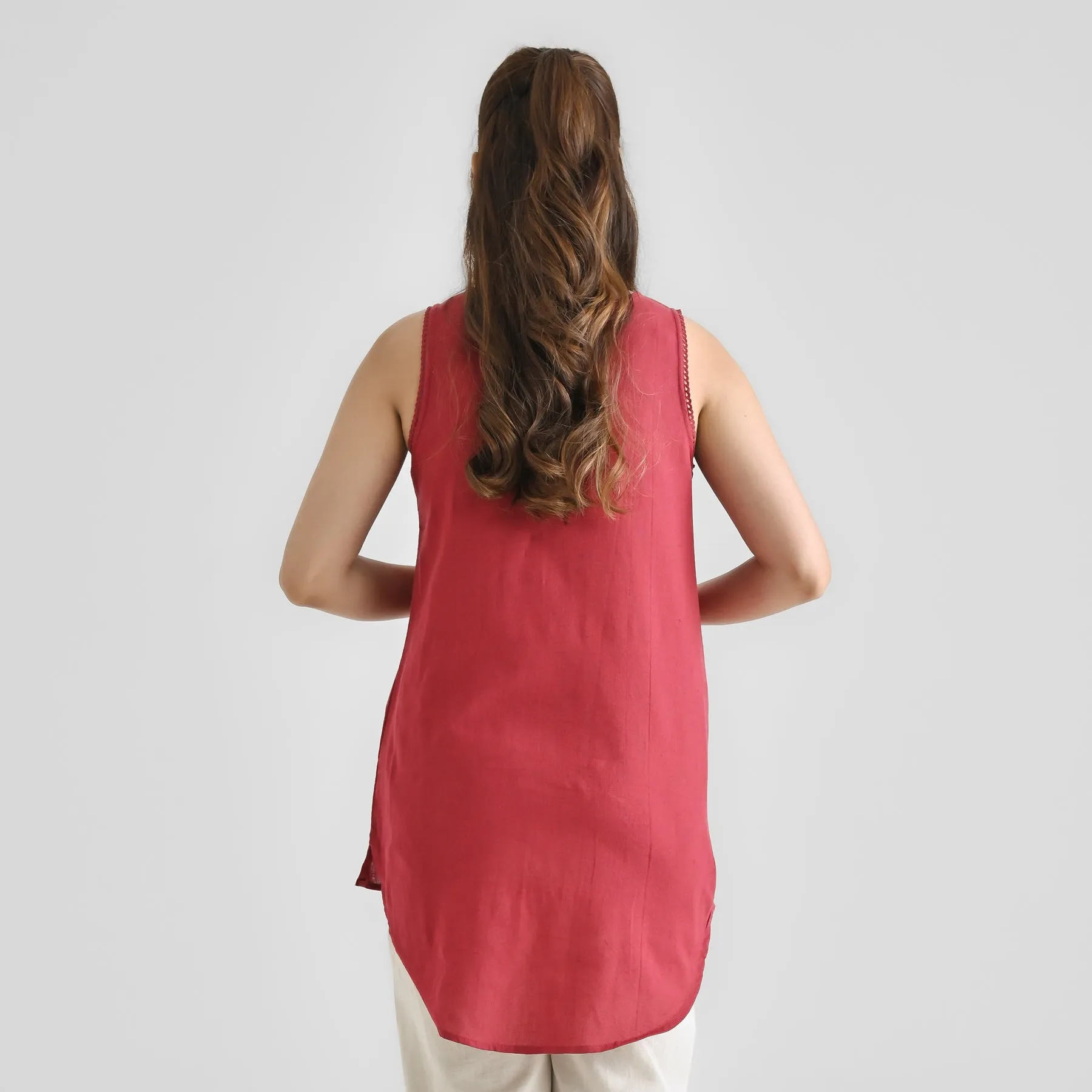 Maroon Linen Cotton Sleeveless Tunic with Lace Detail