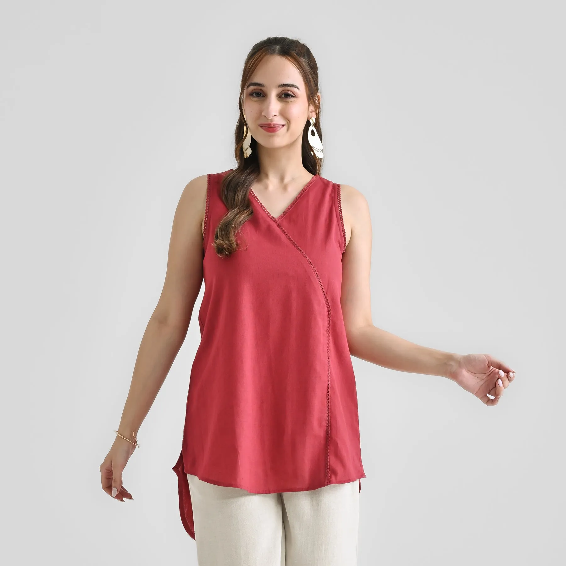 Maroon Linen Cotton Sleeveless Tunic with Lace Detail