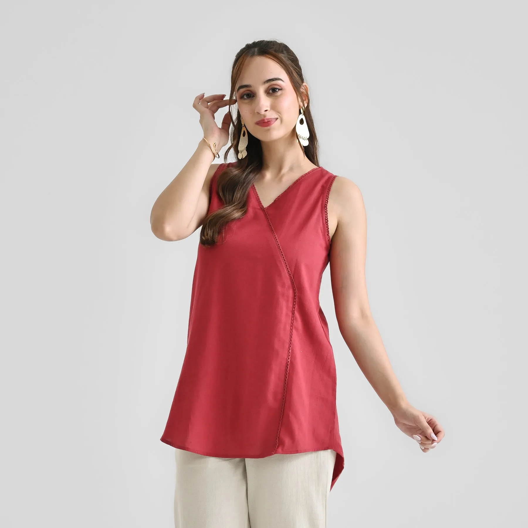 Maroon Linen Cotton Sleeveless Tunic with Lace Detail