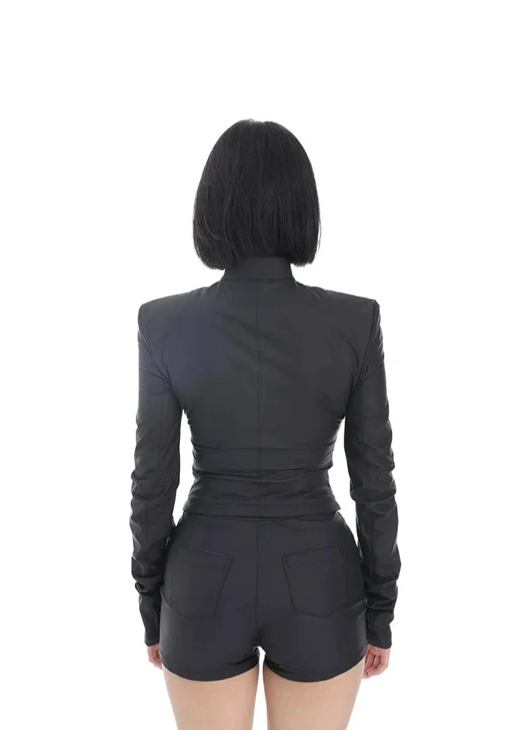 Mock Neck Asymmetric Zip Jacket and Micro Shorts Two-Piece Set