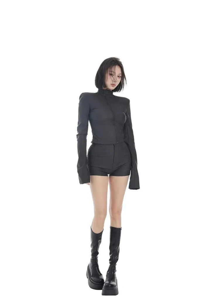Mock Neck Asymmetric Zip Jacket and Micro Shorts Two-Piece Set