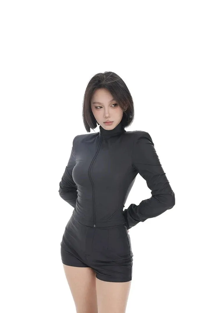 Mock Neck Asymmetric Zip Jacket and Micro Shorts Two-Piece Set