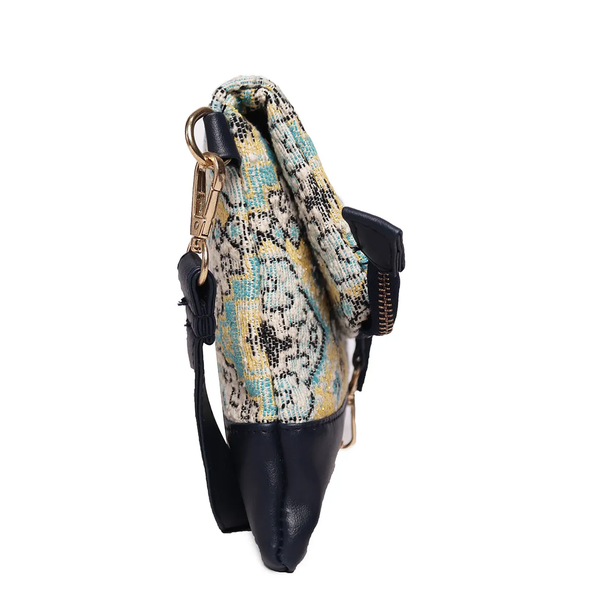 Multi Colour  Dhurry   Fabric Crossbody Sling/Travel Pouch With Pu Handle