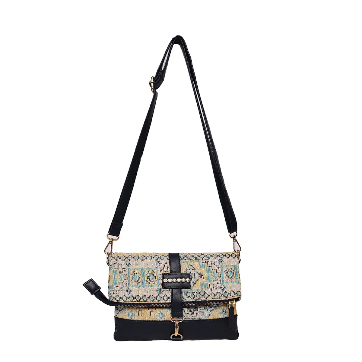 Multi Colour  Dhurry   Fabric Crossbody Sling/Travel Pouch With Pu Handle