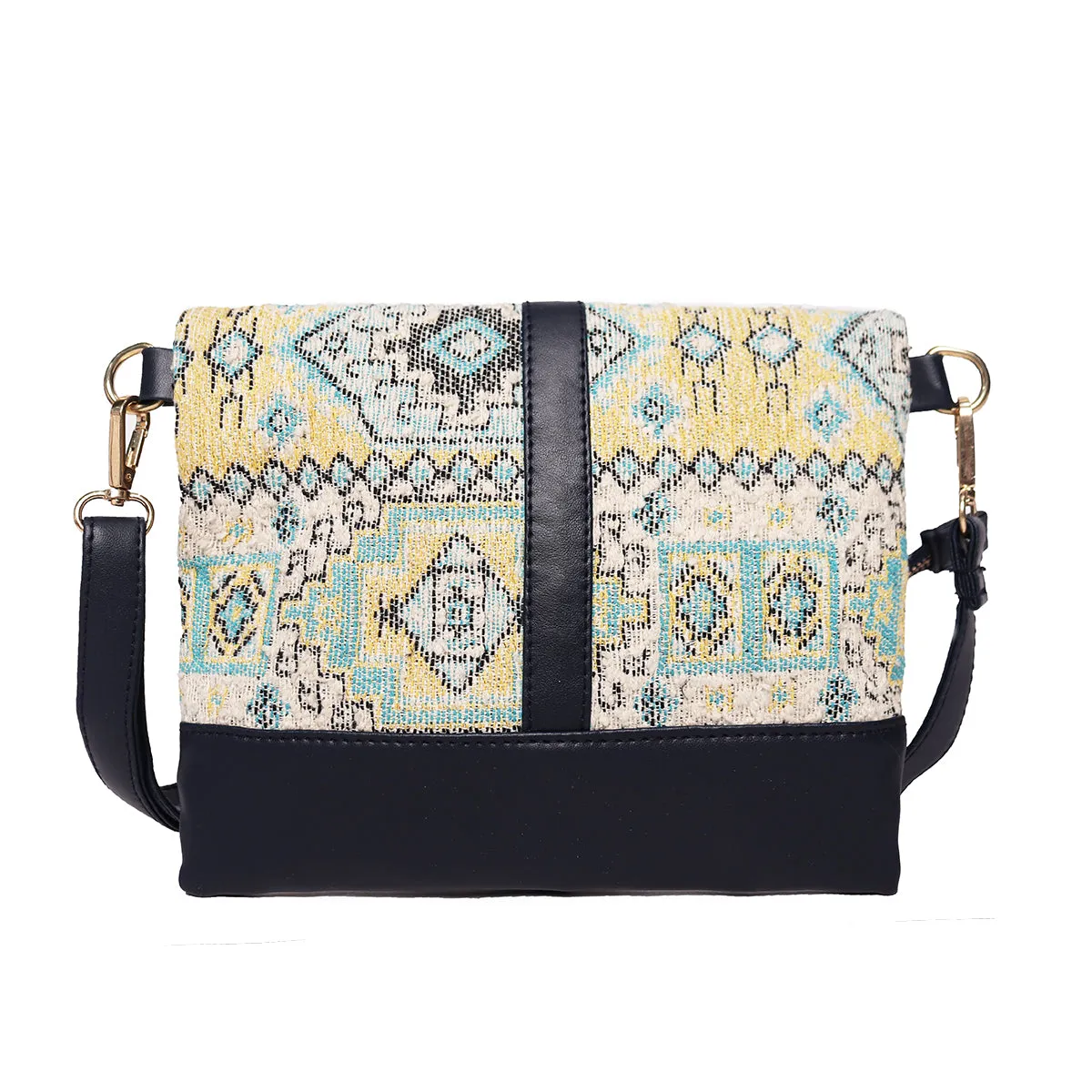 Multi Colour  Dhurry   Fabric Crossbody Sling/Travel Pouch With Pu Handle