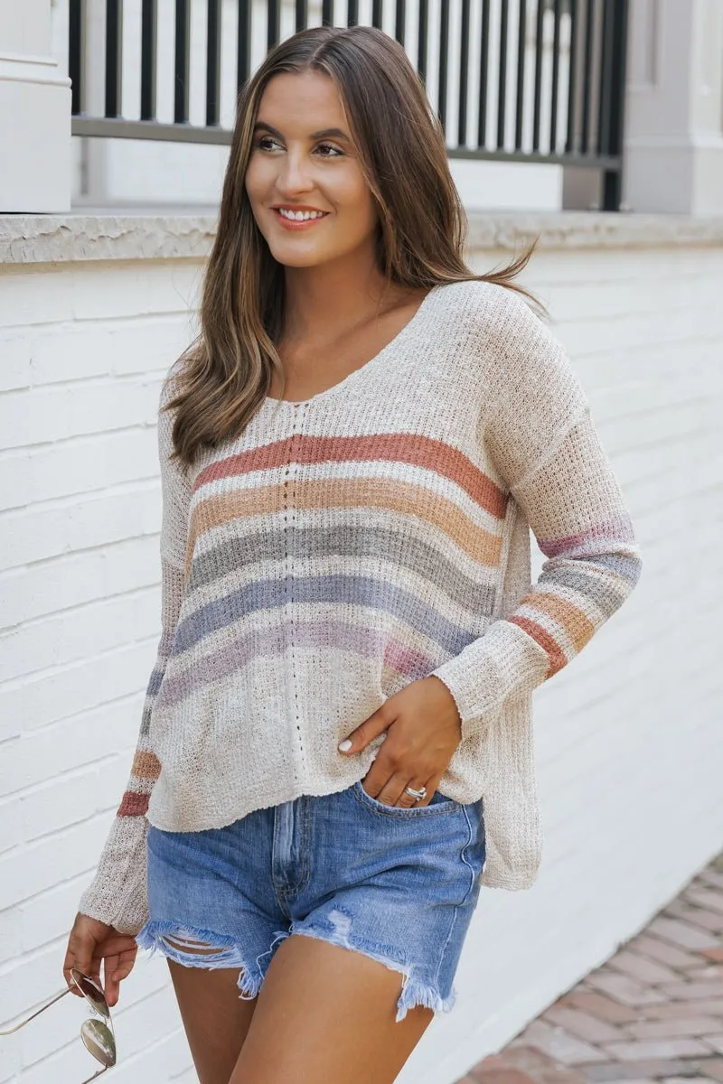 Natural Rainbow Striped V Neck Sweater