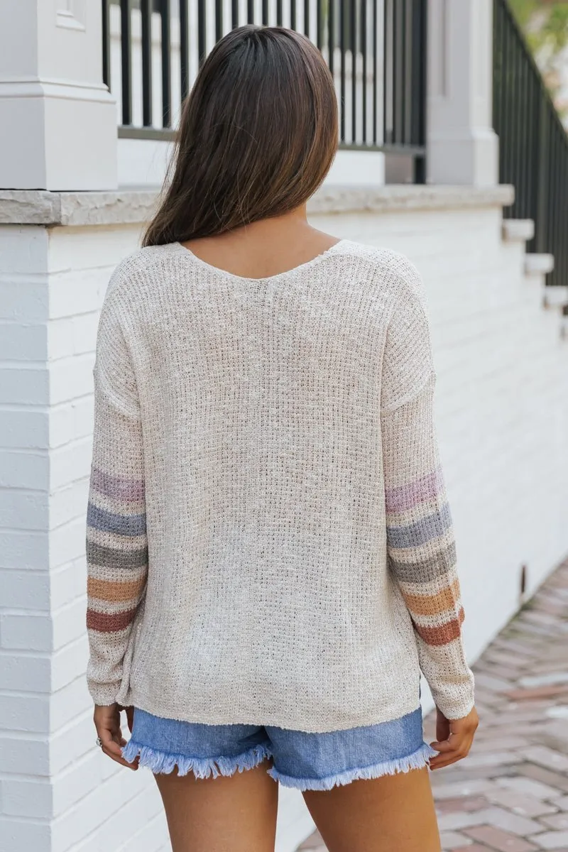 Natural Rainbow Striped V Neck Sweater