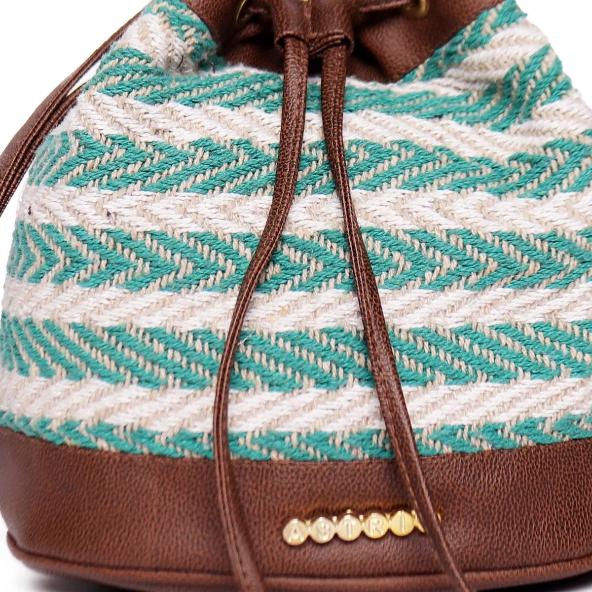 Natural/Green Aztec Cotton Sling Bag With Drawstring Closure