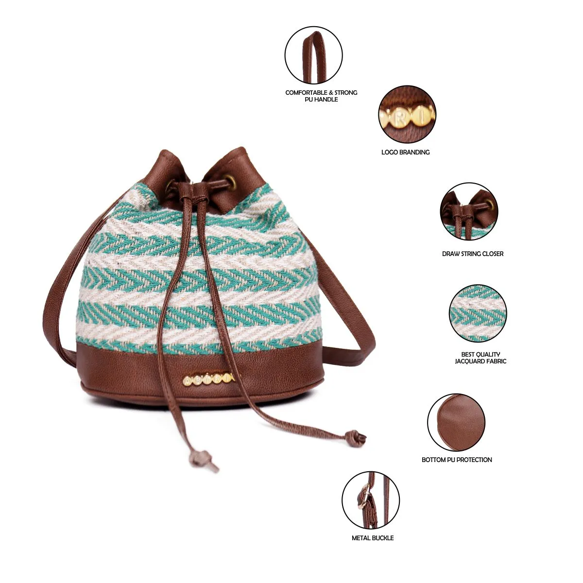 Natural/Green Aztec Cotton Sling Bag With Drawstring Closure