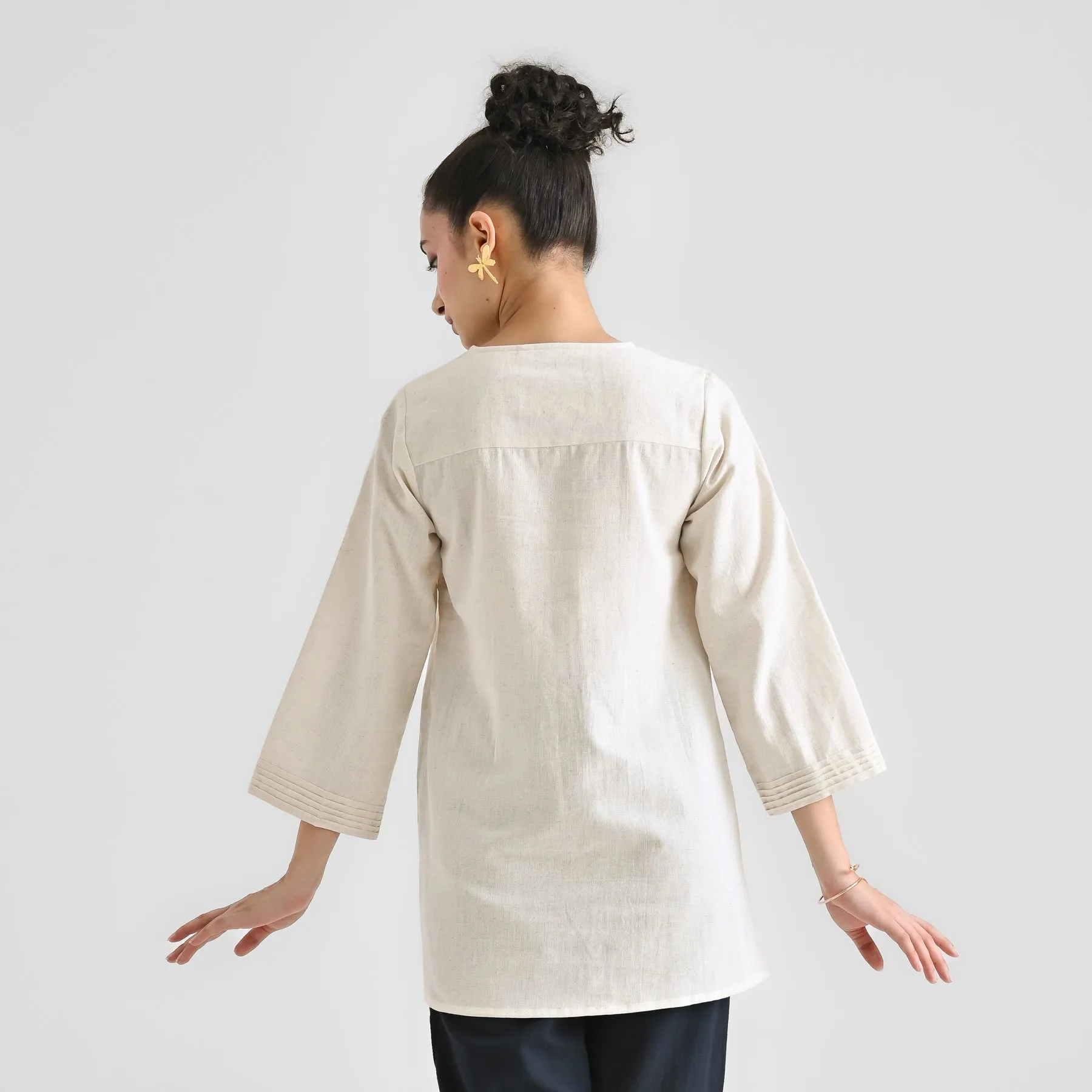 Off White Linen Cotton Tunic with Pintuck V Neckline & Sleeve Detail
