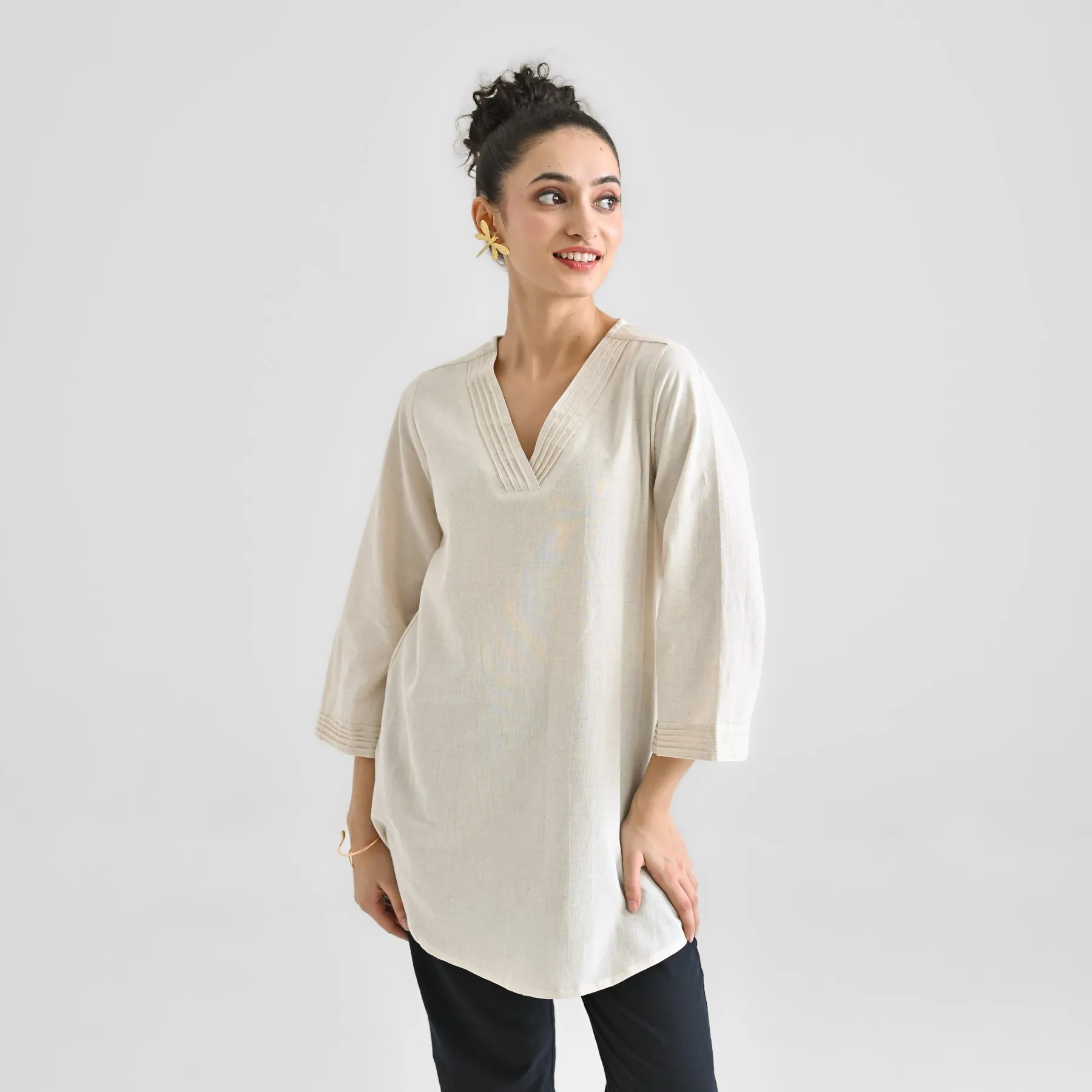 Off White Linen Cotton Tunic with Pintuck V Neckline & Sleeve Detail