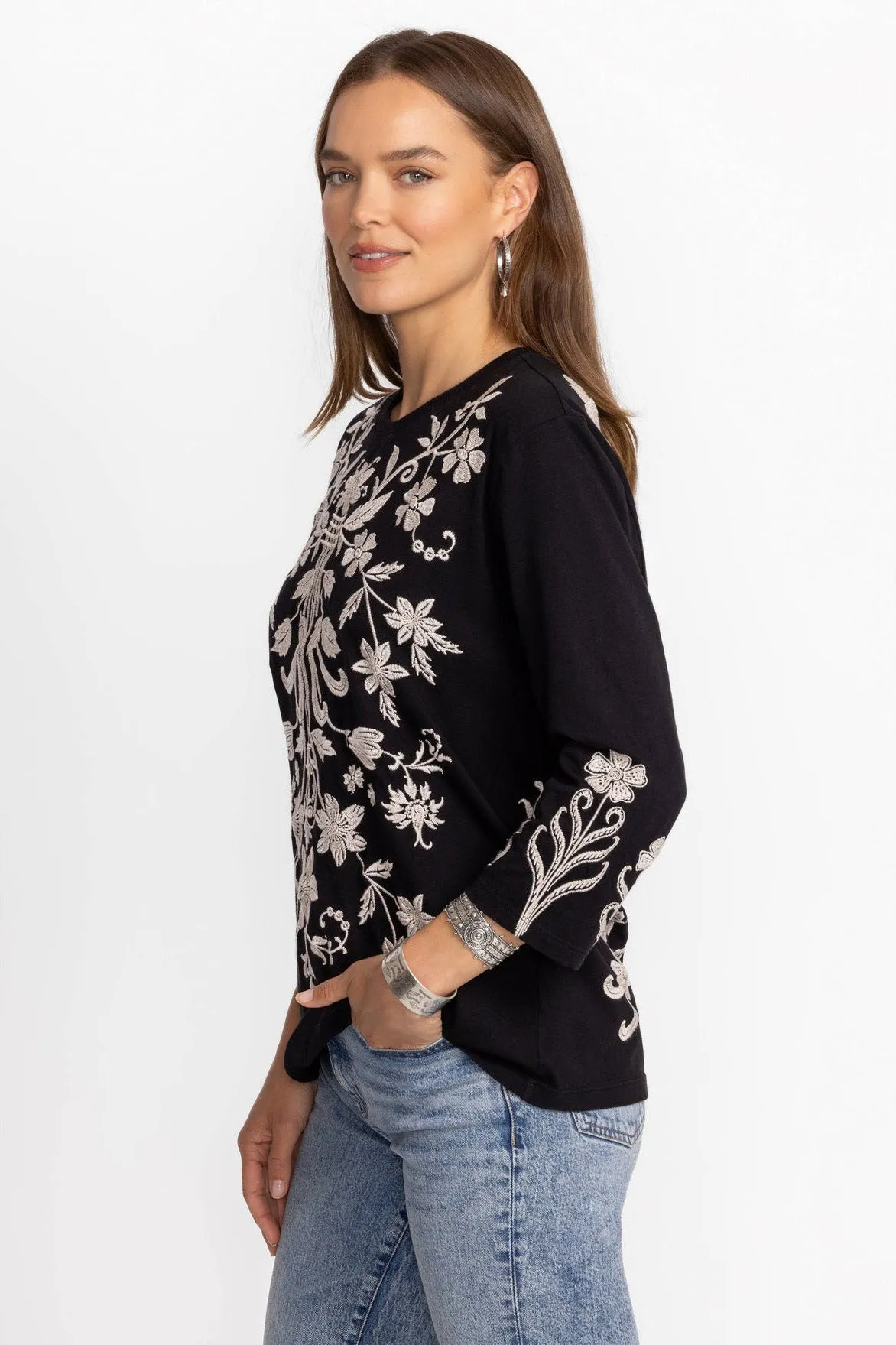 Talithia 3/4 Sleeve Crew Neck Tee - Black