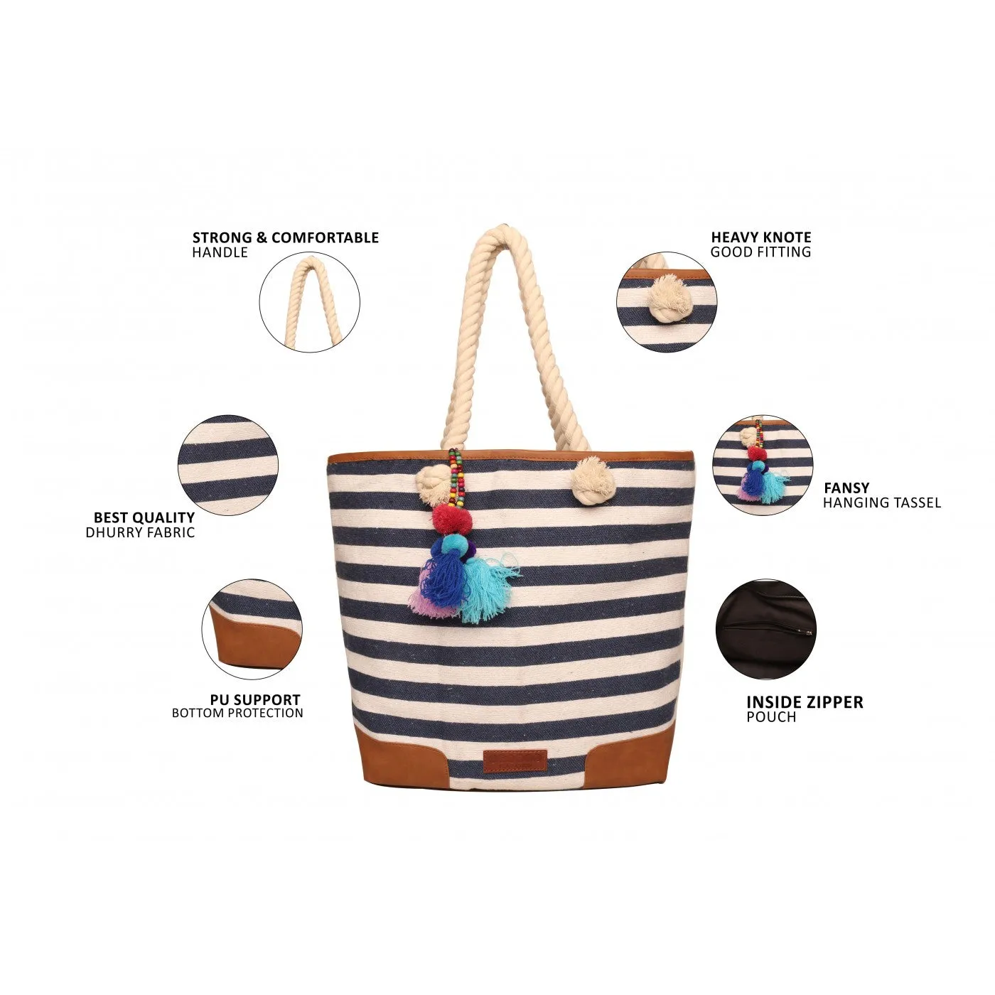 Women Blue & White Striped Womens Tote Bag Medium Size With Beautiful Tassel
