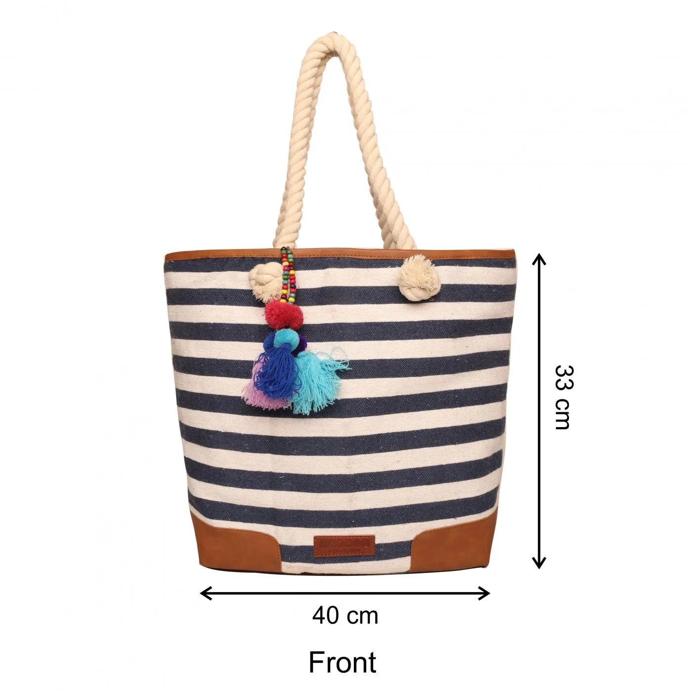 Women Blue & White Striped Womens Tote Bag Medium Size With Beautiful Tassel